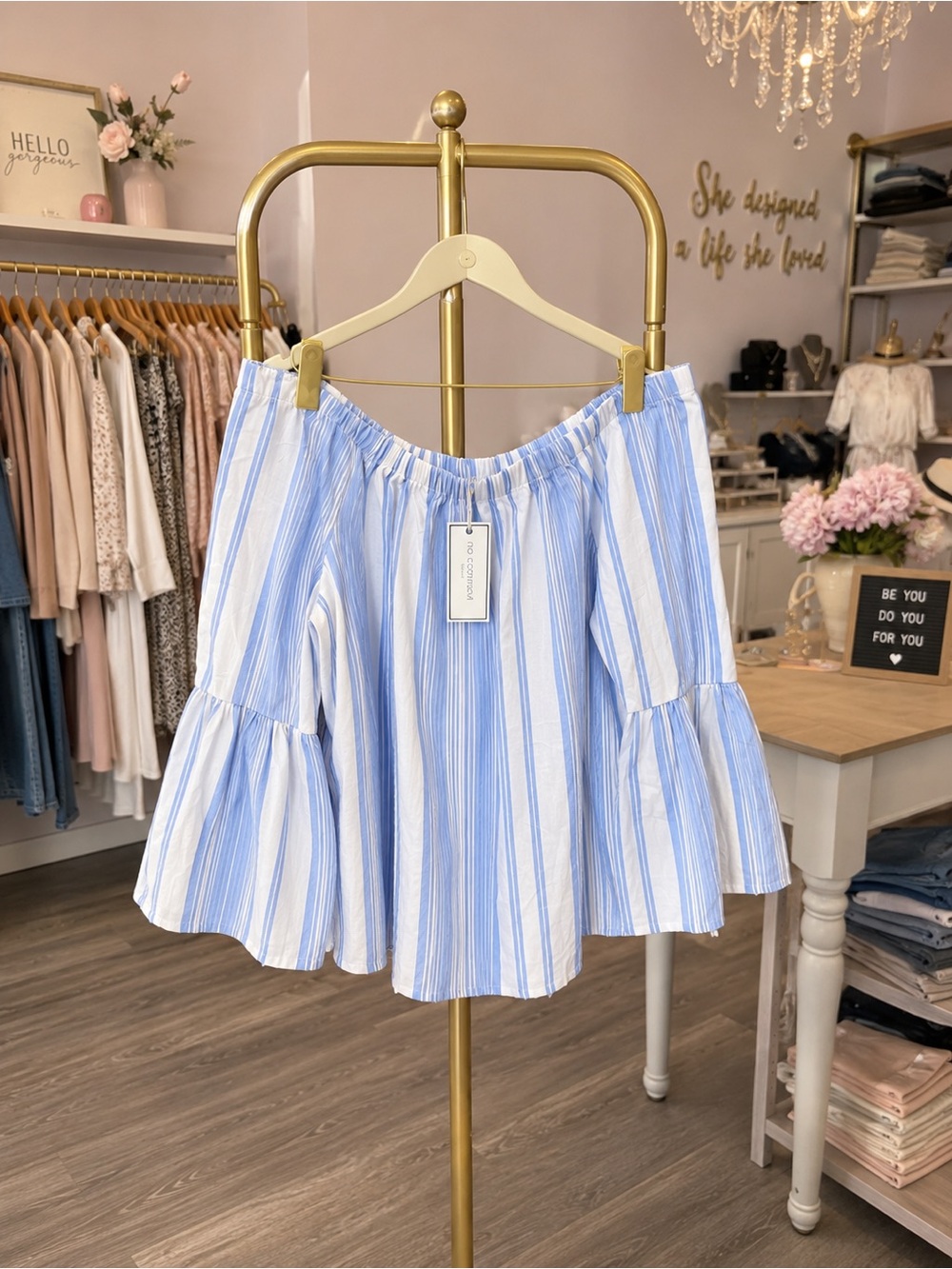 Light Blue & White Striped Off-Shoulder Ruffle Top